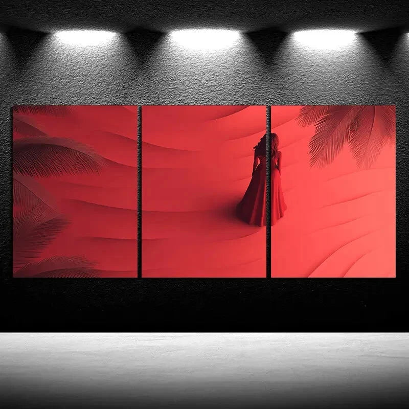 3pcs Coconut Trees and Silhouette Woman Beach Metal Print Ready to Hang Art