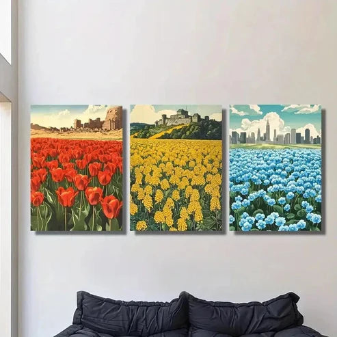 3pcs Red Yellow and Blue Flower Field Wall Art Canvas Unframed - High Quality Print 100% Australian Made Wall Canvas