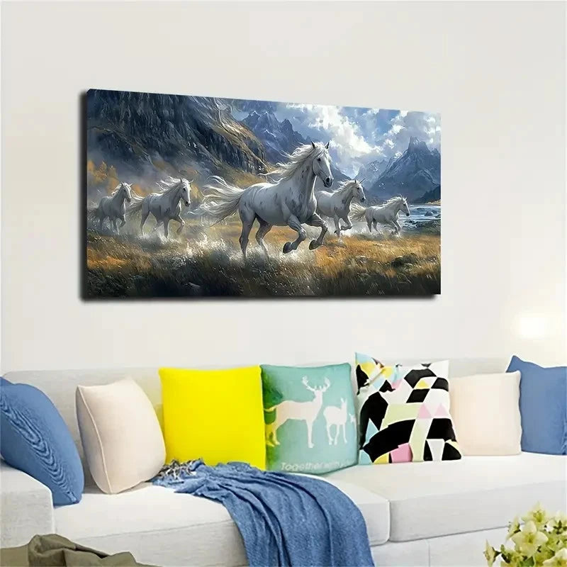 Majestic White Horses Wall Art canvas office home room framed 120x60cm