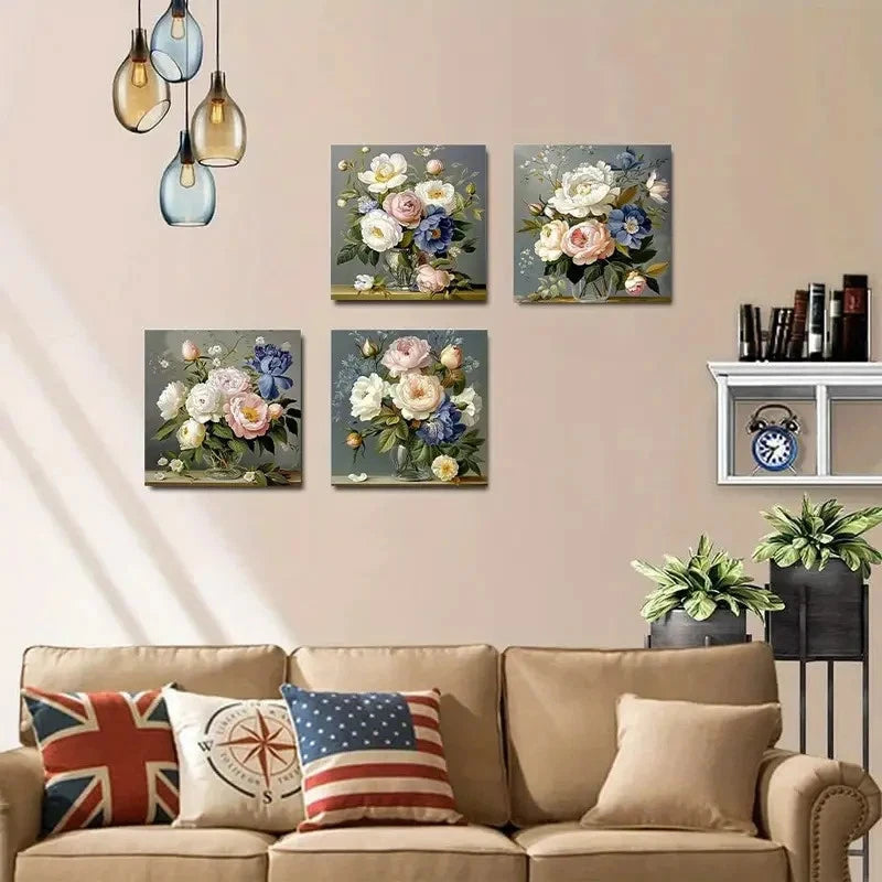 4pcs Rose Different Flower Arrangements Wall Art Canvas Framed