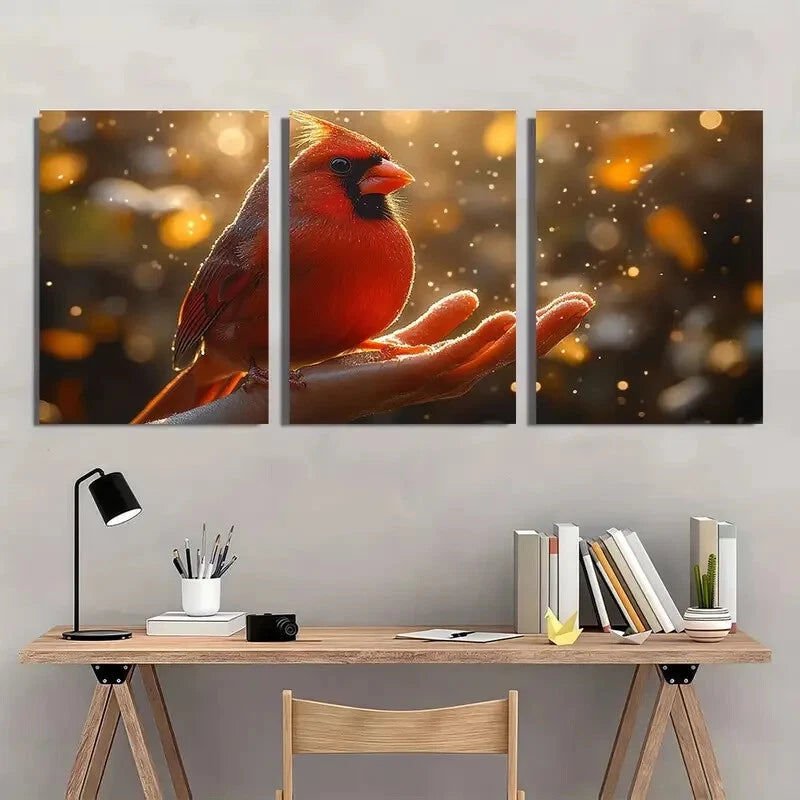 3pcs Peaceful Red Cardinal Golden Bubbles Metal Print Ready to Hang Art