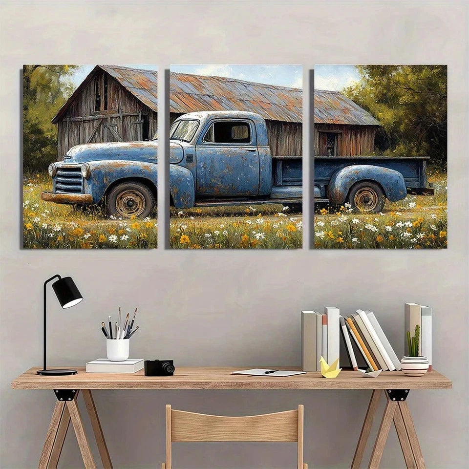 3pcs Vintage Blue Farmhouse Truck & Barn Flowers Metal Print Ready to Hang Art