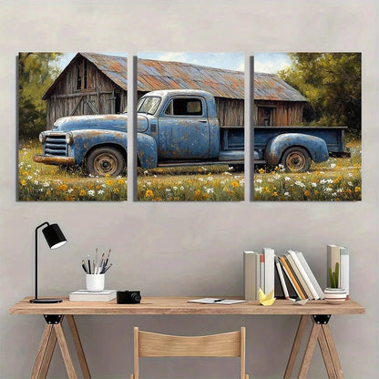 3pcs Vintage Blue Farmhouse Truck & Barn Flowers Metal Print Ready to Hang Art