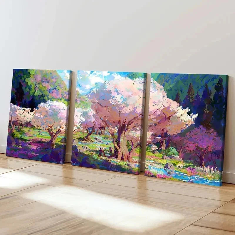 3pcs Watercolor Sakura Tree Anime Style Wall Art Set Canvas Framed 40x60cm - High Quality Print 100% Australian Made Wall Canvas Ready to Hang