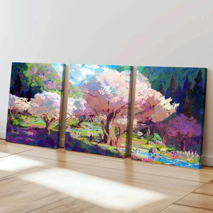 3pcs Watercolor Sakura Tree Anime Style Wall Art Set Canvas Framed 40x60cm - High Quality Print 100% Australian Made Wall Canvas Ready to Hang