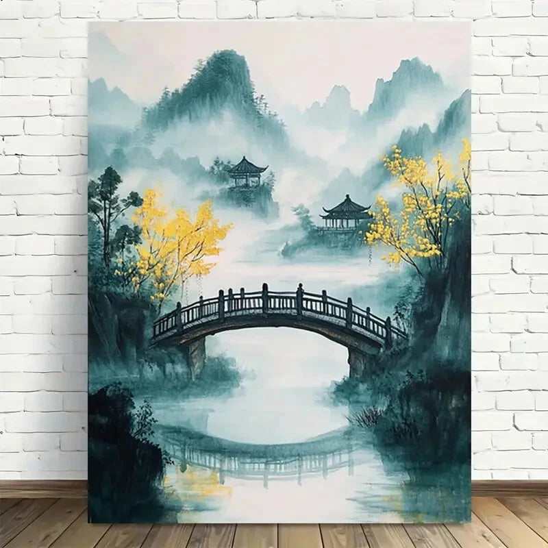 Beautiful Serene Asian Landscape with Bridge and Mount 40x60cm Metal Print Ready to Hang