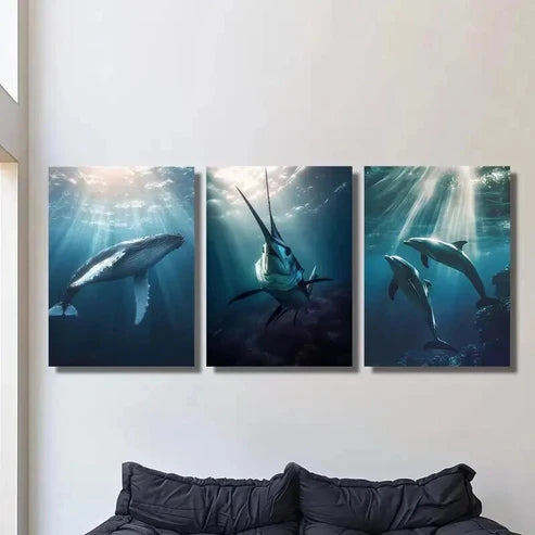3pcs Diving Whale Swordfish & Dolphins Wall Art Set Canvas Unframed - High Quality Print 100% Australian Made Wall Canvas