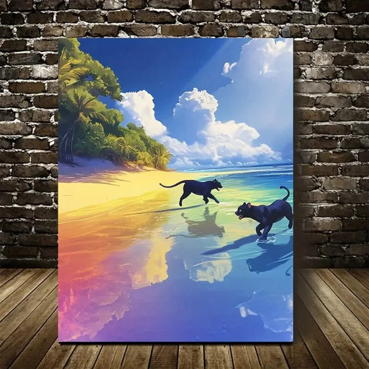 Vibrant Panther Beach Scene with Rainbow Painting 40x60cm Metal Print Ready to Hang