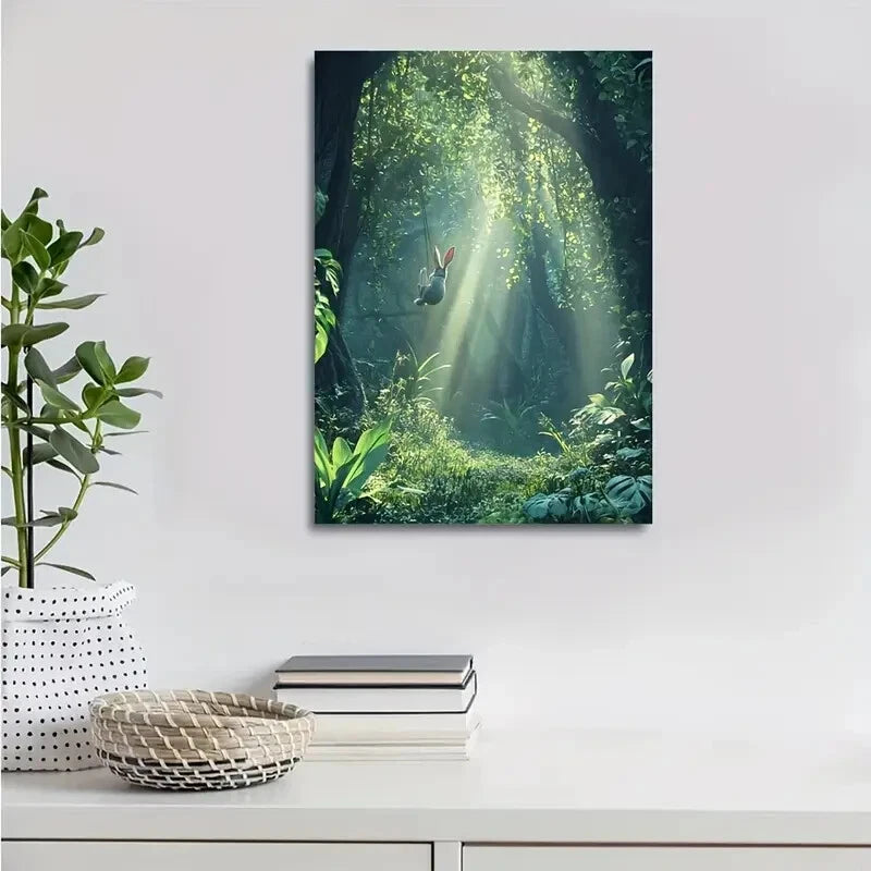 Surreal Jungle Scene with Rabbit Swinging Painting 40x60cm Metal Print Ready to Hang