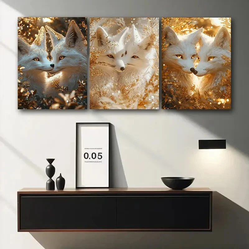 3pcs Two Golden Foxes Animal Themed Metal Print Ready to Hang Art