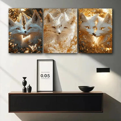 3pcs Two Golden Foxes Animal Themed Metal Print Ready to Hang Art