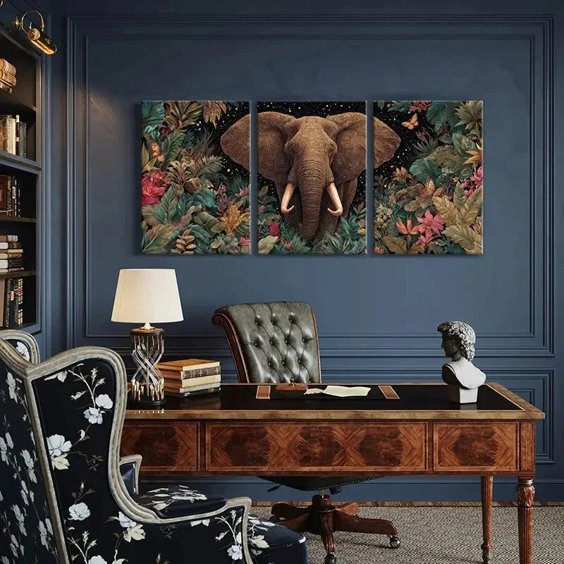 3pcs Elephant Jungle Theme Floral Surroundings Metal Print Ready to Hang Art