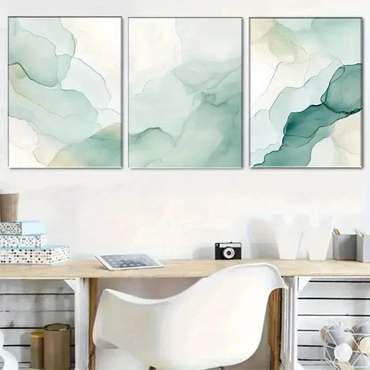 3pcs Elegant Green Abstract Watercolor Painting Wall Art Set Canvas Framed 50x70cm - High Quality Print 100% Australian Made Wall Canvas Ready to Hang