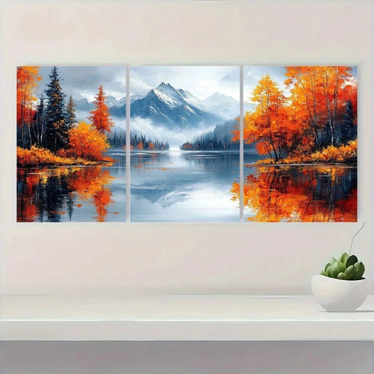 3pcs Autumn Lake Vibrant Fall Foliage & Mountain Wall Art Set Canvas Framed 60x90cm - High Quality Print 100% Australian Made Wall Canvas Ready to Hang
