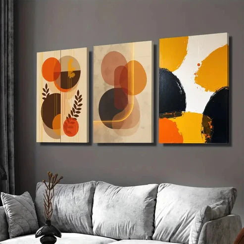 3pcs Abstract Geometric Vibrant Orange, Brown Art Set Canvas Unframed - High Quality Print 100% Australian Made Wall Canvas