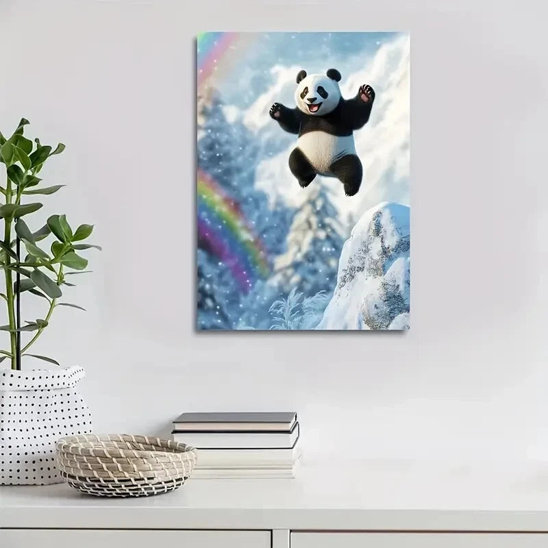 Panda Joyful Jumping on Snowy Mountain 40x60cm Metal Print Ready to Hang