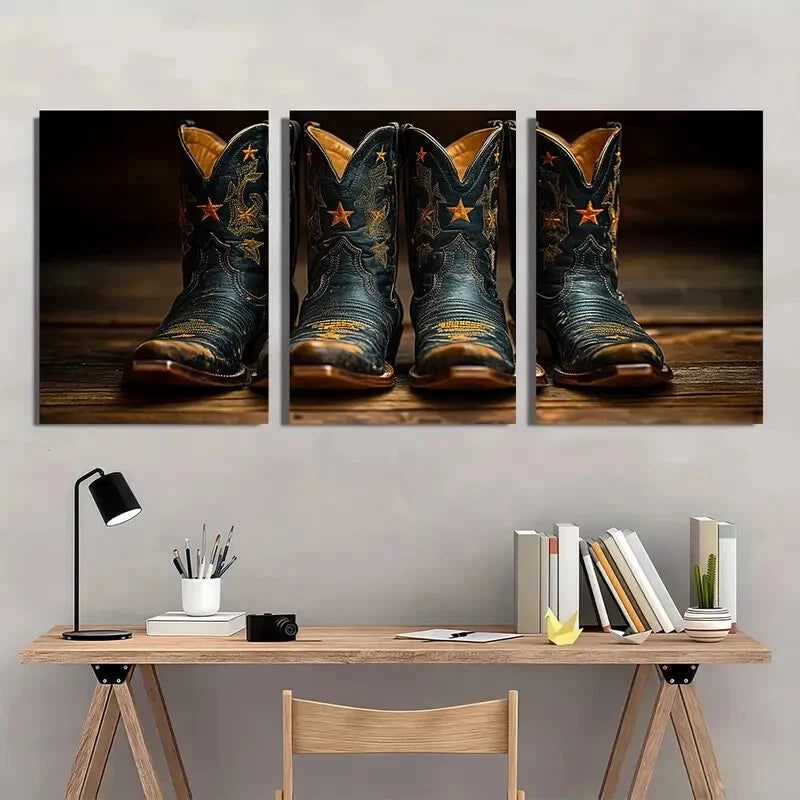 3pcs Retro Cowboy Boots Golden Accents Metal Print Ready to Hang Art