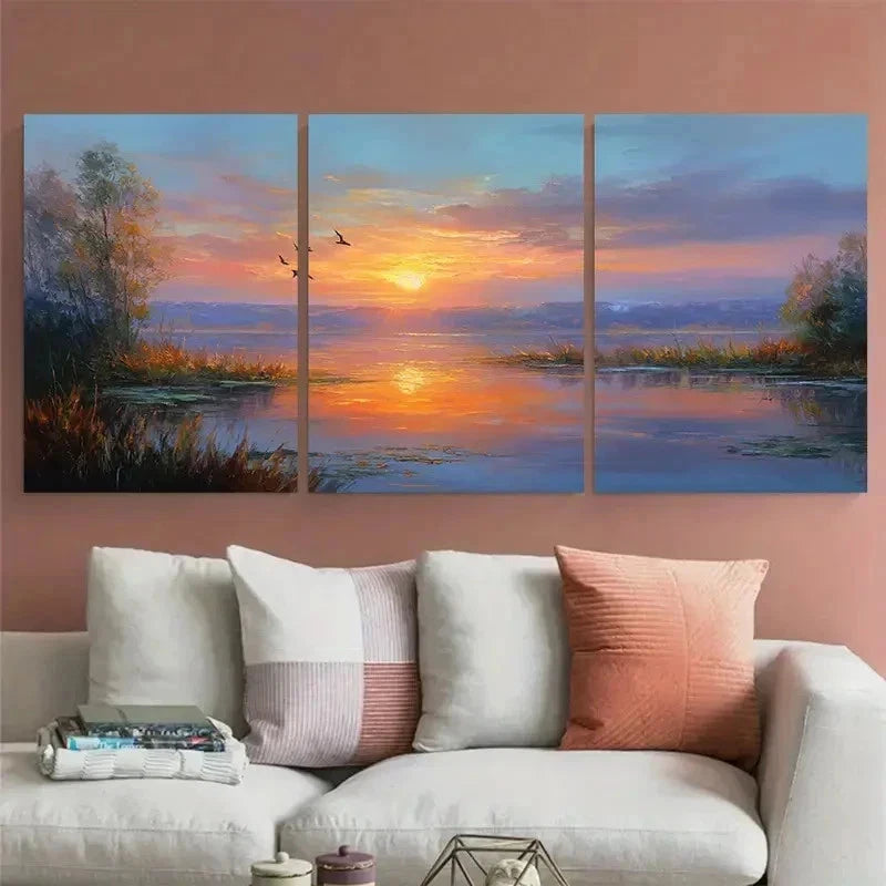 3pcs Sunset At Lake Continuous Perfect Wall Art Set Canvas Framed 40x60cm - High Quality Print 100% Australian Made Wall Canvas Ready to Hang