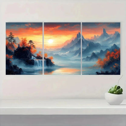 3pcs Golden Foil Chinese Mountain Scenery Wall Art Set Canvas Framed 60x90cm - High Quality Print 100% Australian Made Wall Canvas Ready to Hang