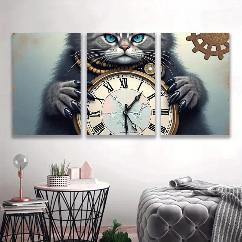 3pcs Grey Cat with Pocket Watch Spray Paint Art Wall Art Set Canvas Framed 50x70cm - High Quality Print 100% Australian Made Wall Canvas Ready to Hang