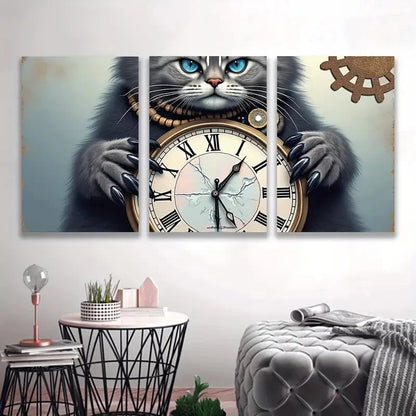 3pcs Grey Cat with Pocket Watch Spray Paint Art Wall Art Set Canvas Framed 50x70cm - High Quality Print 100% Australian Made Wall Canvas Ready to Hang