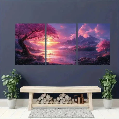 3pcs Pink Blossom Tree & Fantasy Landscape Wall Art Canvas Unframed - High Quality Print 100% Australian Made Wall Canvas