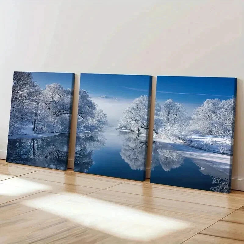3pcs Snow Scene Forest Lake & Trees Wall Art Set Canvas Framed 40x60cm - High Quality Print 100% Australian Made Wall Canvas Ready to Hang