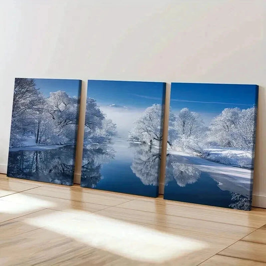 3pcs Snow Scene Forest Lake & Trees Wall Art Set Canvas Framed 40x60cm - High Quality Print 100% Australian Made Wall Canvas Ready to Hang