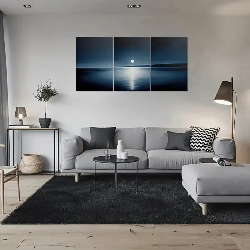3pcs Serene Moonlit Ocean Night Sky Metal Print Ready to Hang Art