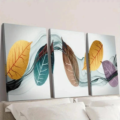 3pcs Fashionable Gold Blue Purple Leaves Wall Art Set Canvas Framed 40x60cm - High Quality Print 100% Australian Made Wall Canvas Ready to Hang