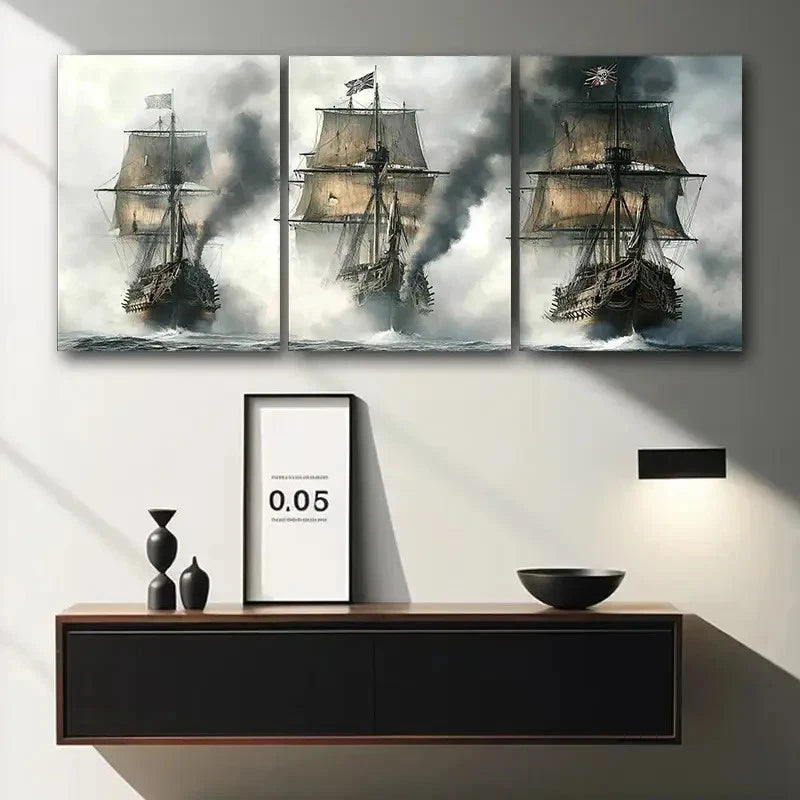 3pcs Pirate Ships in Battle Sailboat Paintings Metal Print Ready to Hang Art