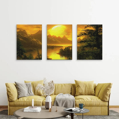 3pcs Golden Hour Mountain Lake Landscape Painting Wall Art Set Canvas Framed 50x70cm - High Quality Print 100% Australian Made Wall Canvas Ready to Hang