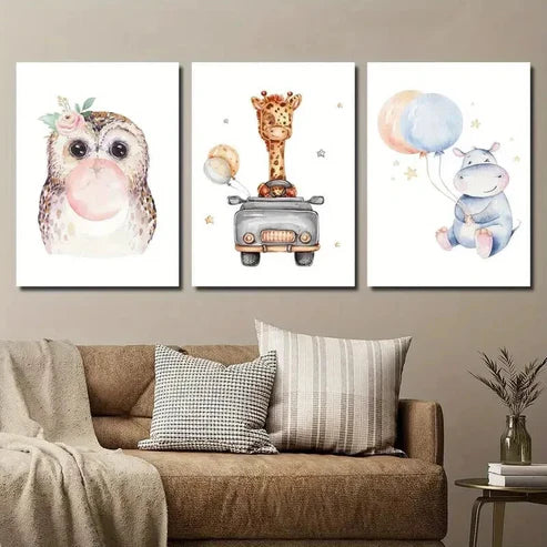 3pcs Cute Owl Car Giraffe and Balloon Hippo Wall Art Set Canvas Unframed - High Quality Print 100% Australian Made Wall Canvas