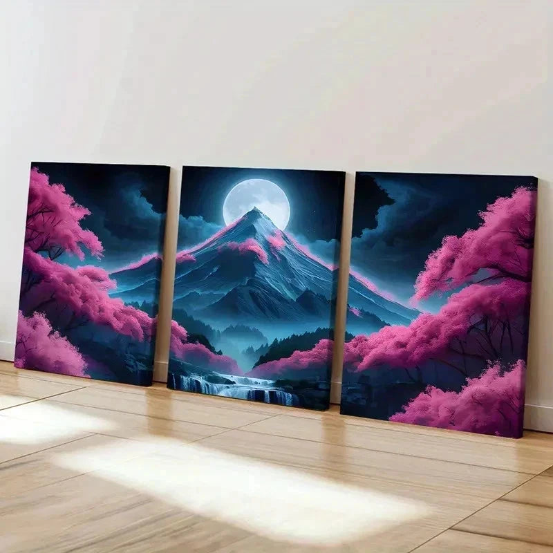 3pcs Mountain Under Full Moon Cherry Blossom Wall Art Set Canvas Framed 40x60cm - High Quality Print 100% Australian Made Wall Canvas Ready to Hang