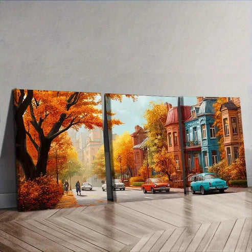3 PCS Apartment Buildings Autumn Season Wall Art Set Canvas Unframed - High Quality Print 100% Australian Made Wall Canvas
