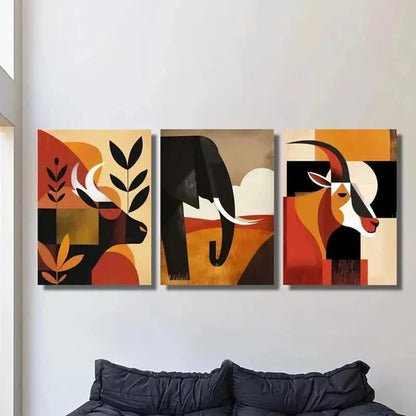 3pcs Cattle Goat & Elephant Geometric Design Wall Art Set Canvas Unframed - High Quality Print 100% Australian Made Wall Canvas