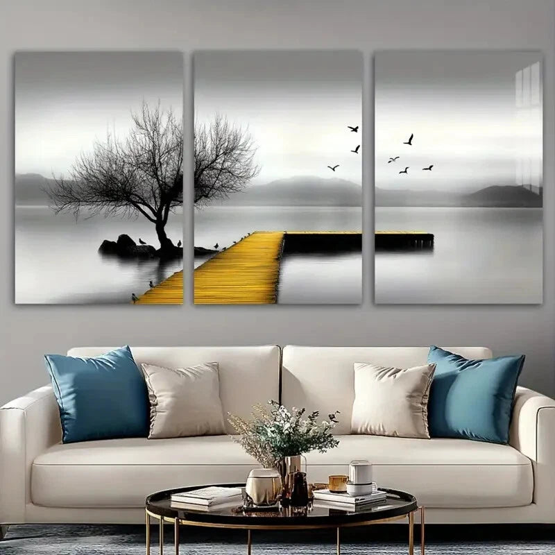 3pcs Seaside Birds and Trees Golden Black Metal Print Ready to Hang Art