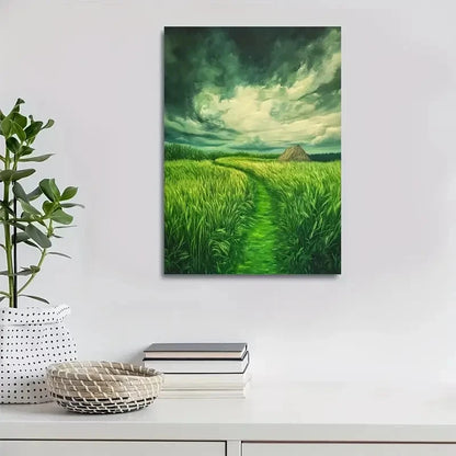 Beautiful Emerald Thatched Grassland Painting 40x60cm Metal Print Ready to Hang