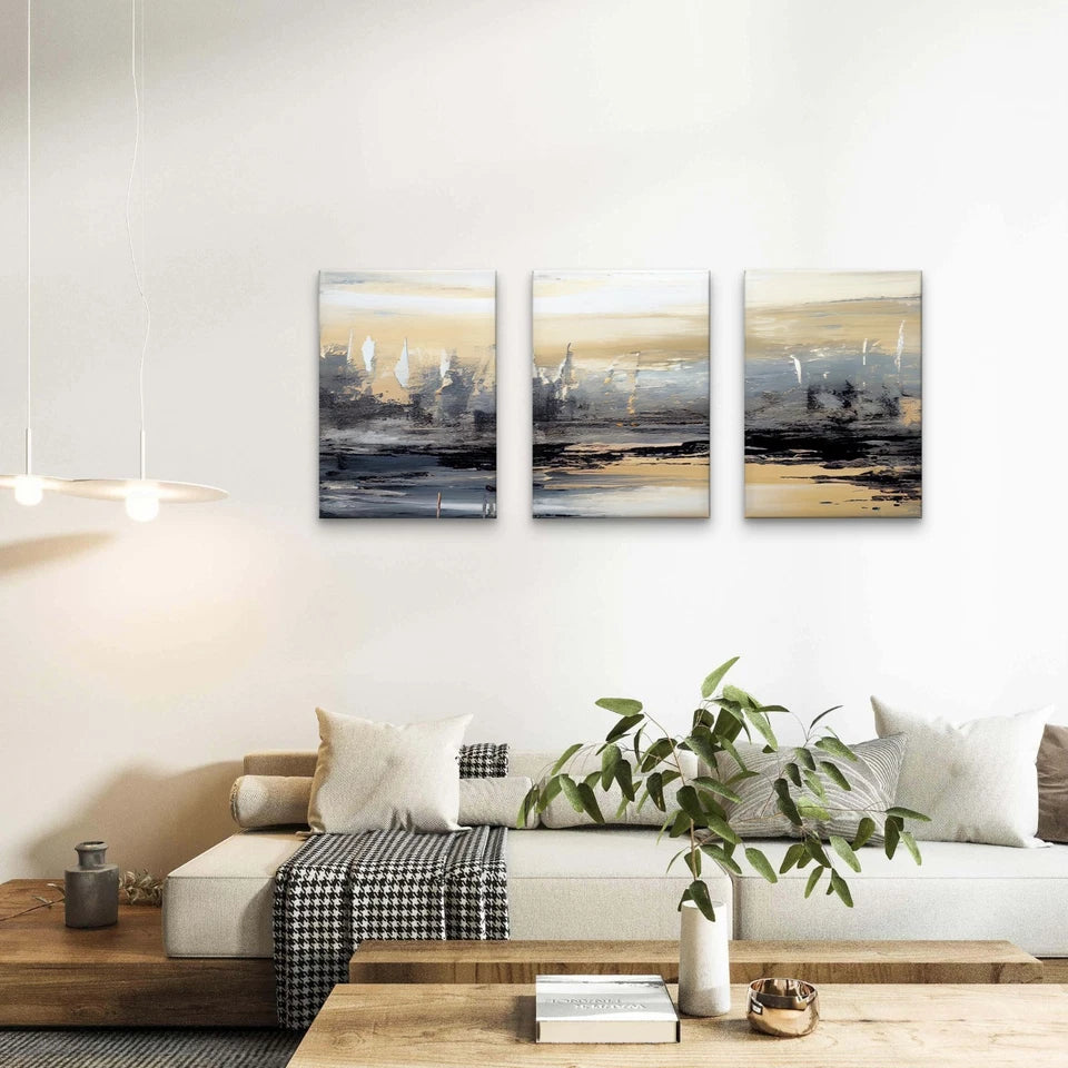 3pcs Abstract Neutral Textured Paint Brushstroke Wall Art Set Canvas Framed 50x70cm - High Quality Print 100% Australian Made Wall Canvas Ready to Hang