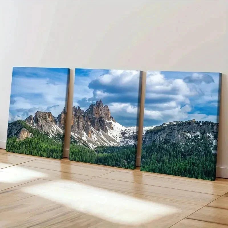 3pcs Snow Mountain Blue Sky & White Clouds Wall Art Set Canvas Framed 40x60cm - High Quality Print 100% Australian Made Wall Canvas Ready to Hang