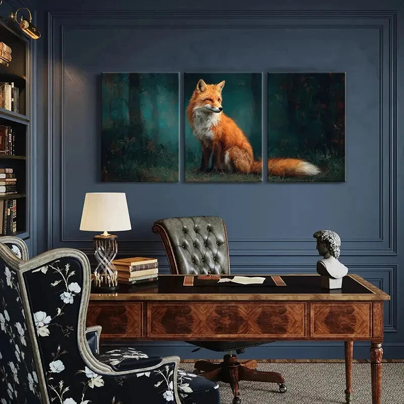 3pcs Forest Scene Wildlife Art Vibrant Orange Fur Metal Print Ready to Hang Art