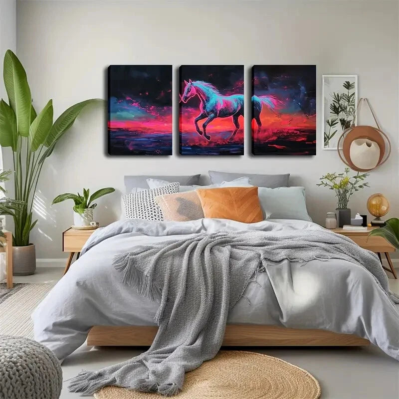 3pcs Silvery Horse Standing On The Black Perfect Wall Art Set Canvas Framed 40x60cm - High Quality Print 100% Australian Made Wall Canvas Ready to Hang