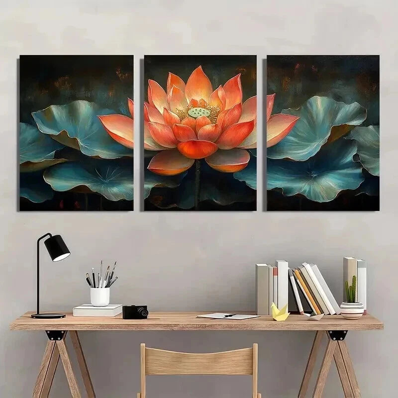 3pcs Pink Lotus Flower with Leaves Design Wall Art Set Canvas Framed 40x60cm - High Quality Print 100% Australian Made Wall Canvas Ready to Hang
