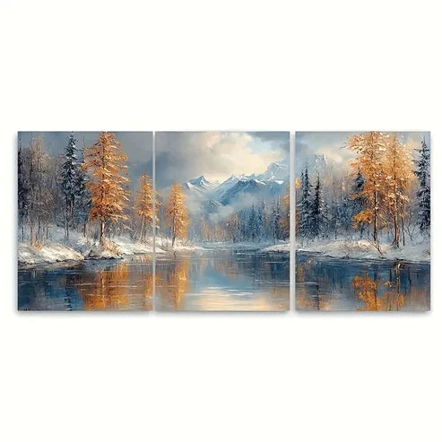 3pcs Winter River Oil Painting EK Wall Art Set Canvas Unframed - High Quality Print 100% Australian Made Wall Canvas