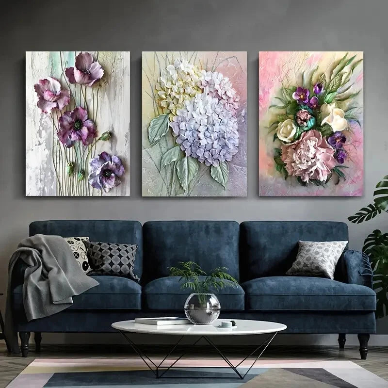 3pcs Modern Flowers Purple Green Leaves Metal Print Ready to Hang Art