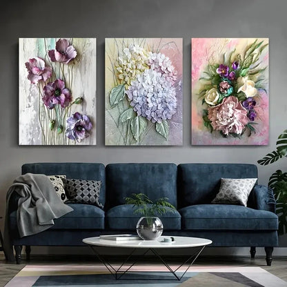 3pcs Modern Flowers Purple Green Leaves Metal Print Ready to Hang Art