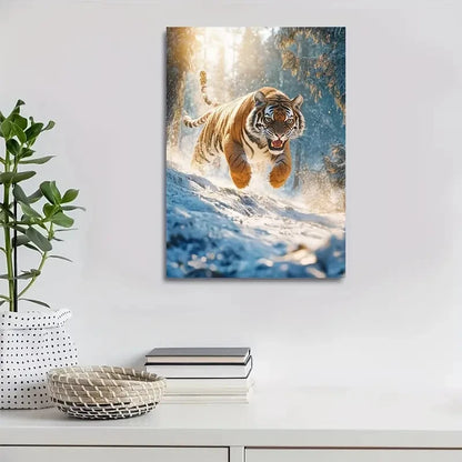 Tiger Running on Snowy Mountain Scene Painting 40x60cm Metal Print Ready to Hang