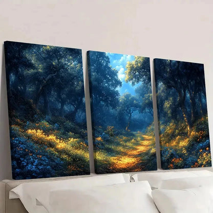 3pcs Mystical Blue and Golden Enchanted Forest Wall Art Set Canvas Framed 40x60cm - High Quality Print 100% Australian Made Wall Canvas Ready to Hang