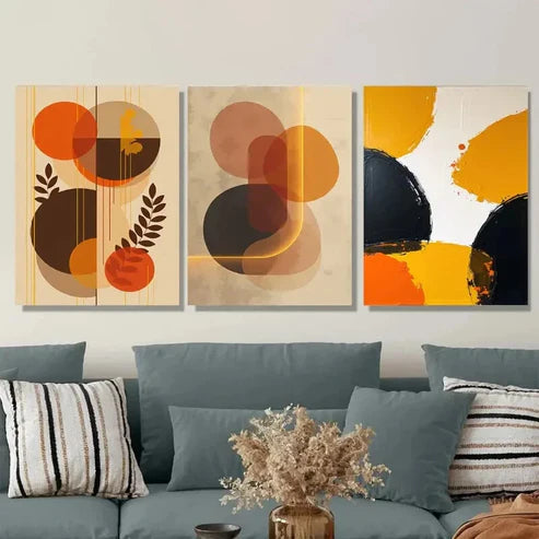 3pcs Abstract Geometric Vibrant Orange, Brown Art Set Canvas Unframed - High Quality Print 100% Australian Made Wall Canvas