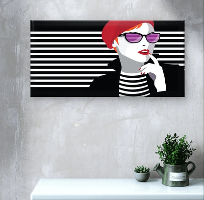 Pop Art Woman with Red Beret Wall Art Canvas Office Home Framed 120x60cm